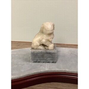 VINTAGE Antique FOO DOG Soapstone Hand Carved Stone Marbled Grey White